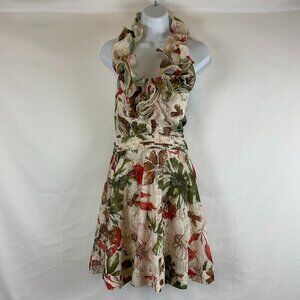 Marineblu Dress L Cream Brown Red Green Floral Ruffle Halter Gathered Back